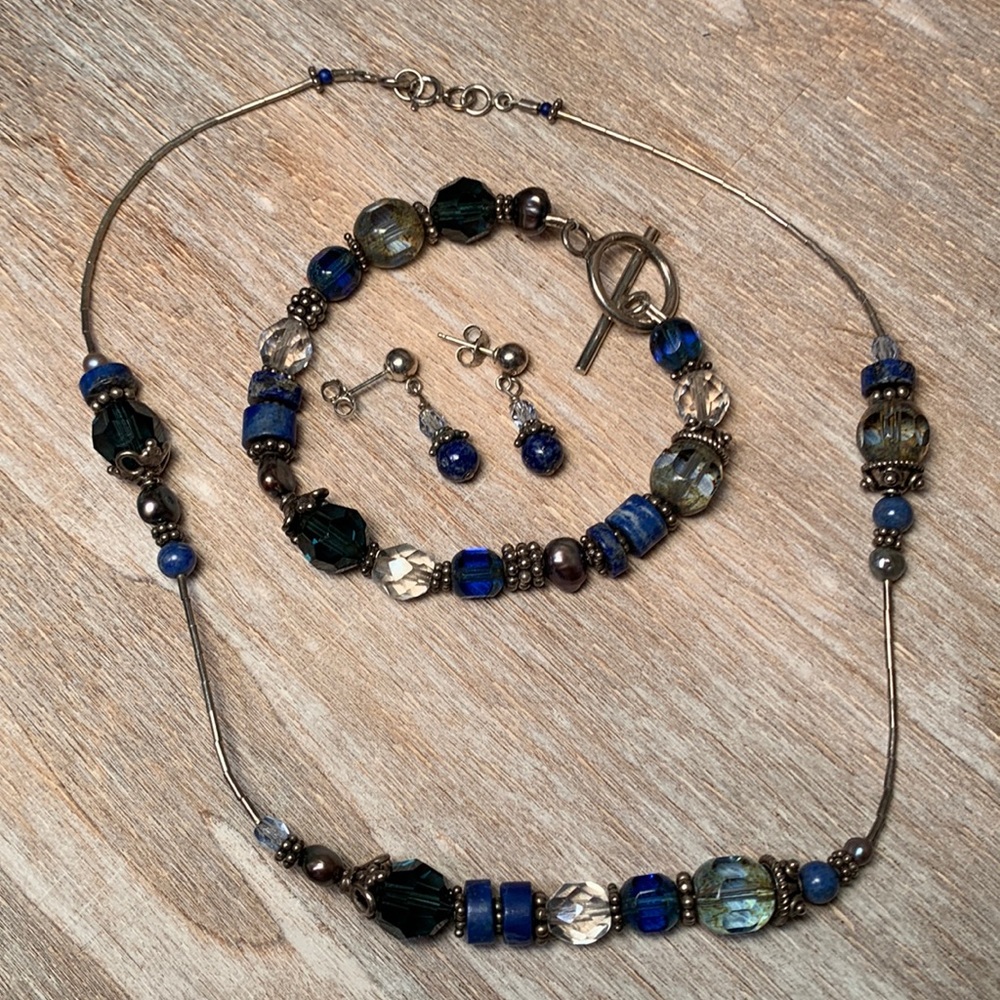 Sterling silver, lapis lazuli, crystals, pearls necklace bracelet and earrings!